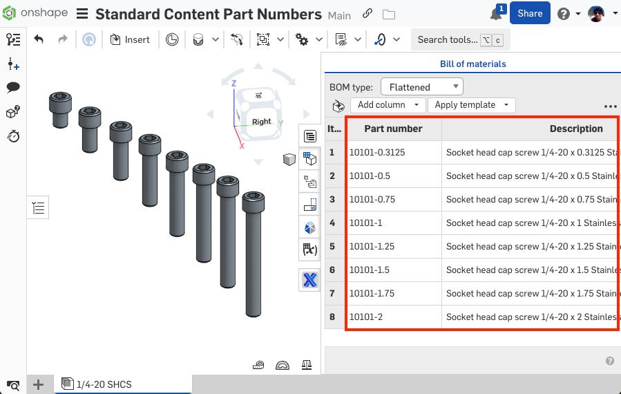 Part Numbers in a BOM