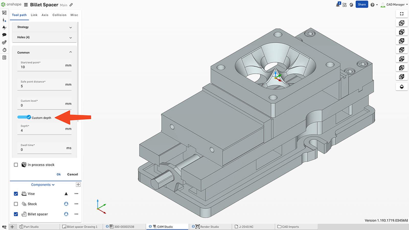 Custom depth set to 4 mm in CAM Studio