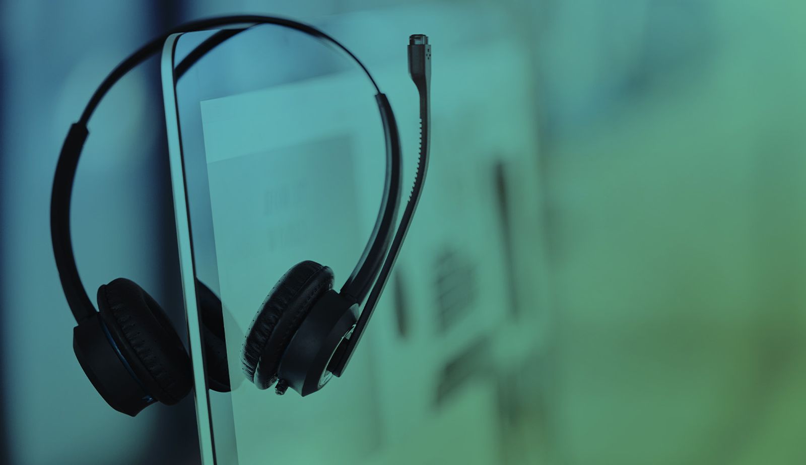 Stock image with an overlay showing a headpiece for customer service.