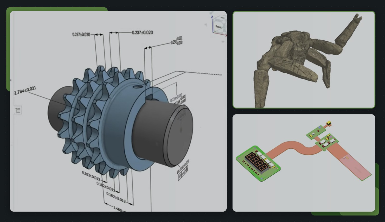 Collage with an overlay of 3D models built in Onshape.