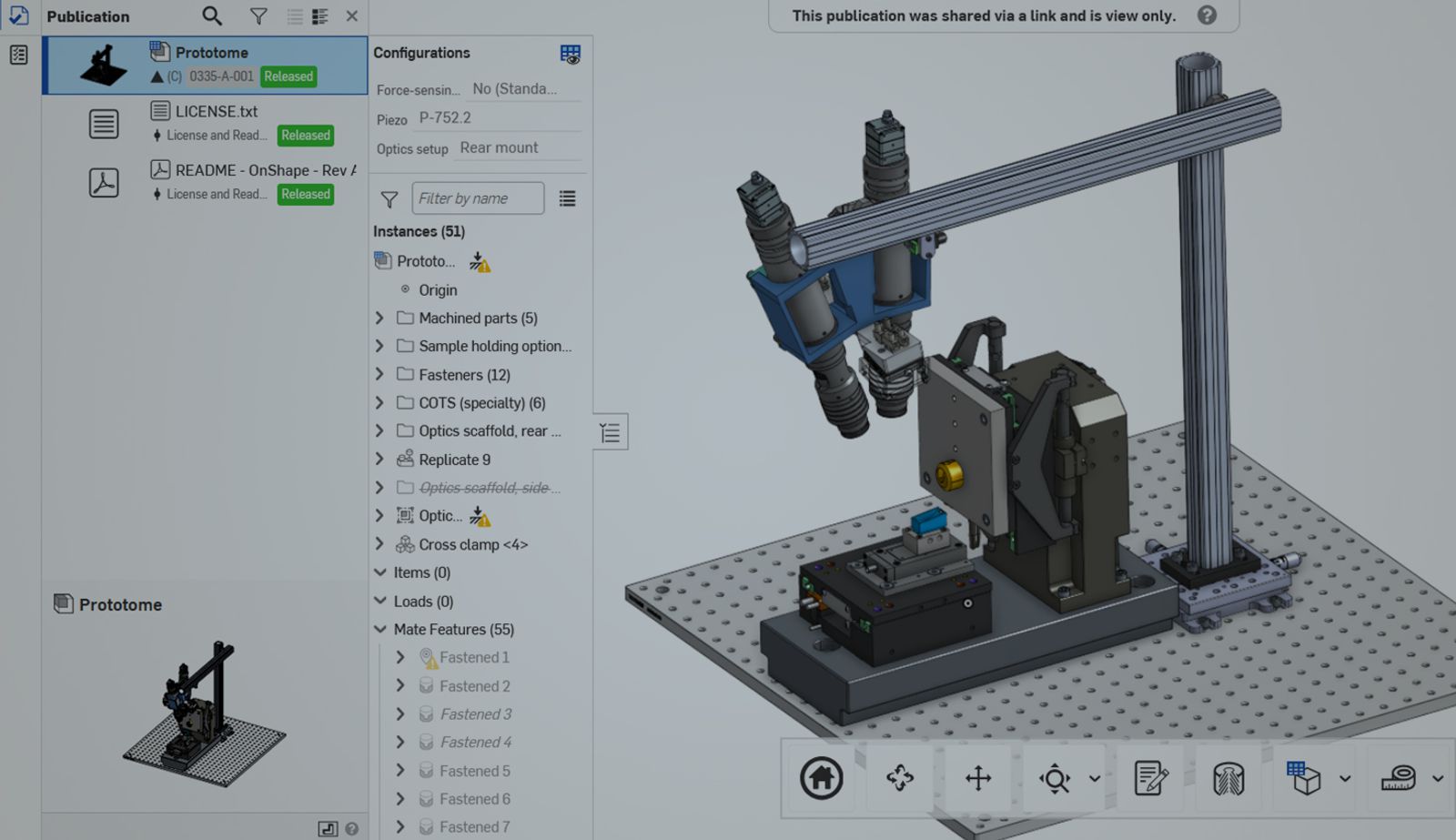 Onshape GUI with an overlay showing a Publication of a CAD model.