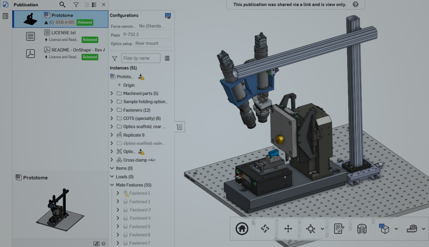 Onshape GUI with an overlay showing a Publication of a CAD model.