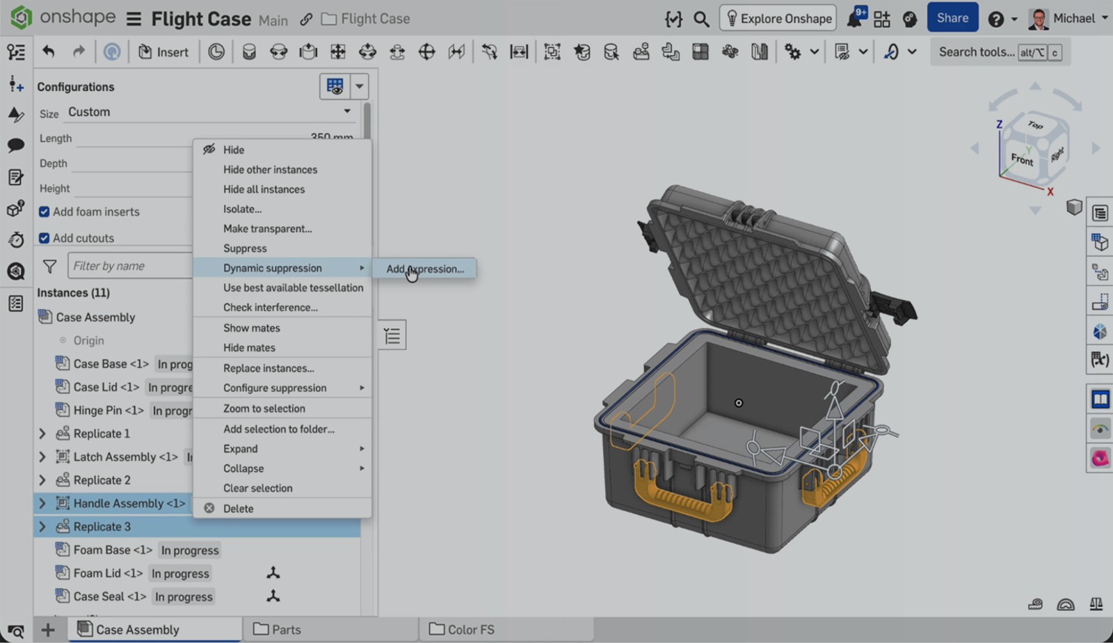 Onshape GUI with an overlay showing a 3D-modeled flight case and the "Dynamic suppression" option highlighted.