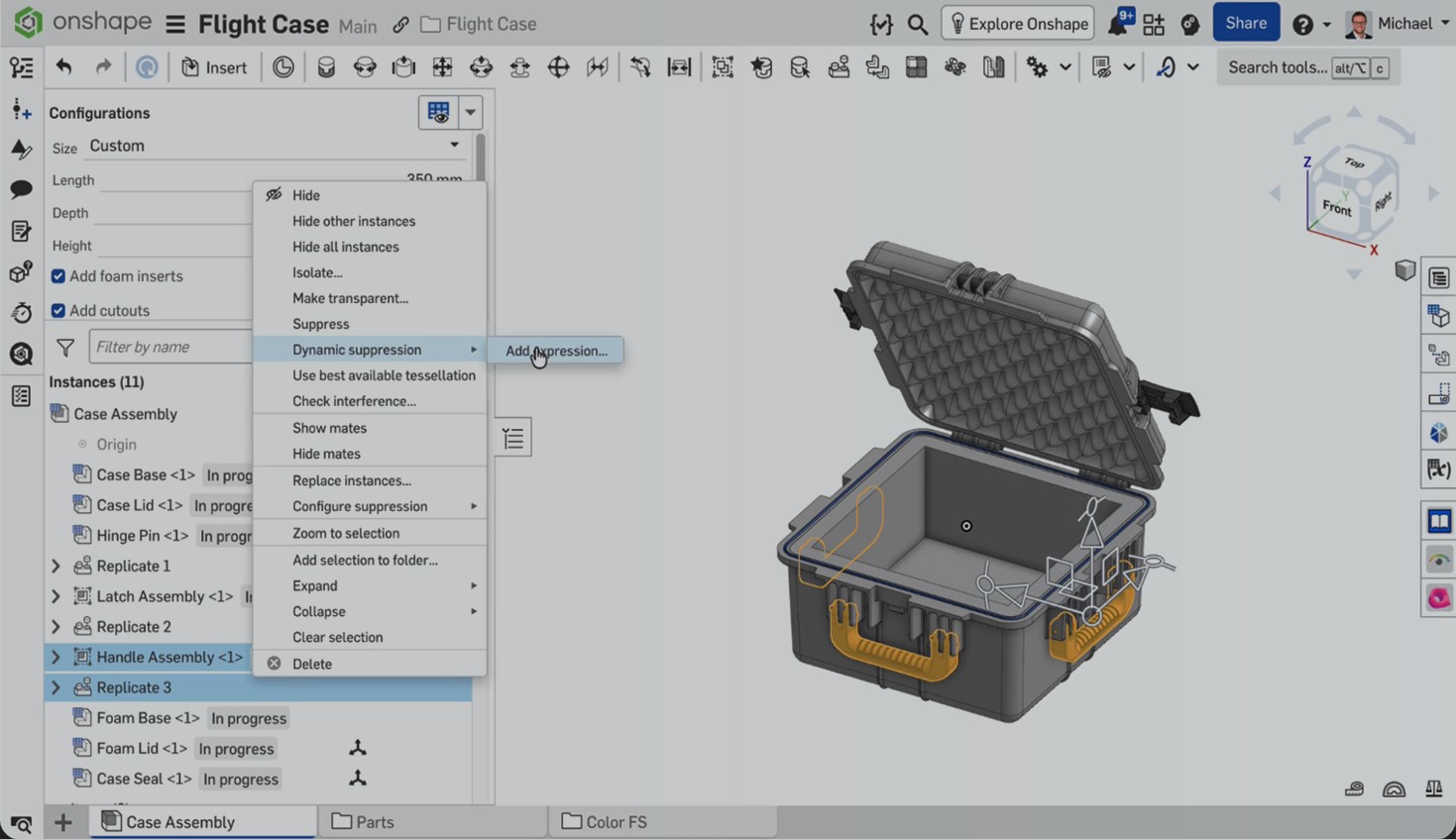 Onshape GUI with an overlay showing a 3D-modeled flight case and the "Dynamic suppression" option highlighted.