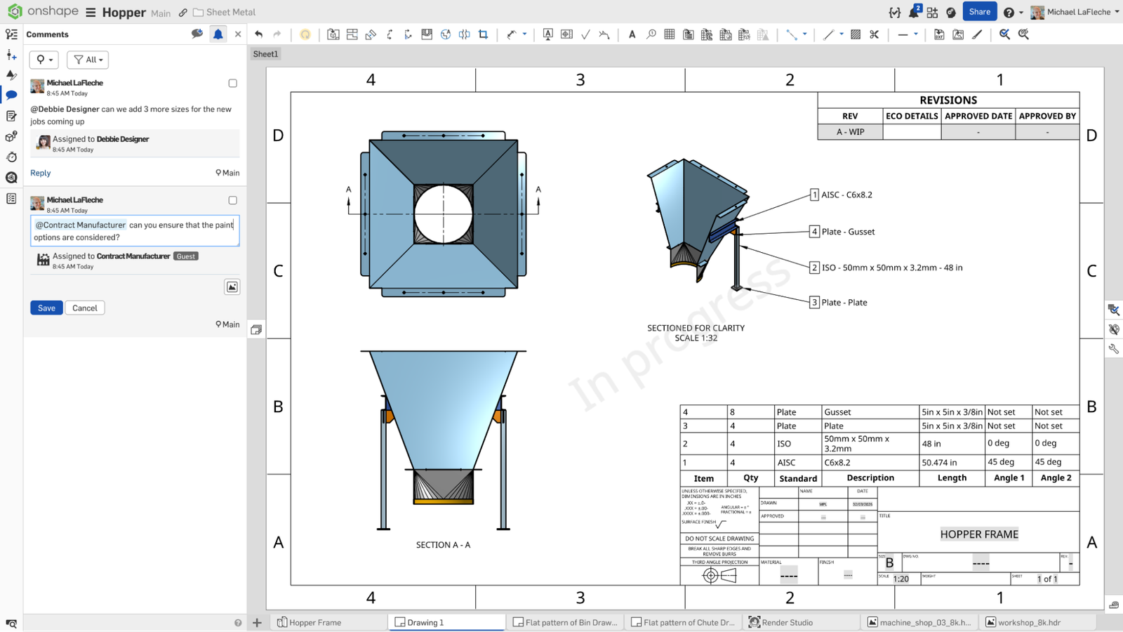 Onshape GUI showing a drawing of a sheet metal hopper and comments on the drawing.