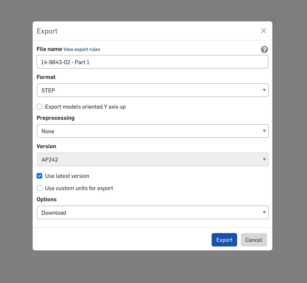 An export screen in Onshape