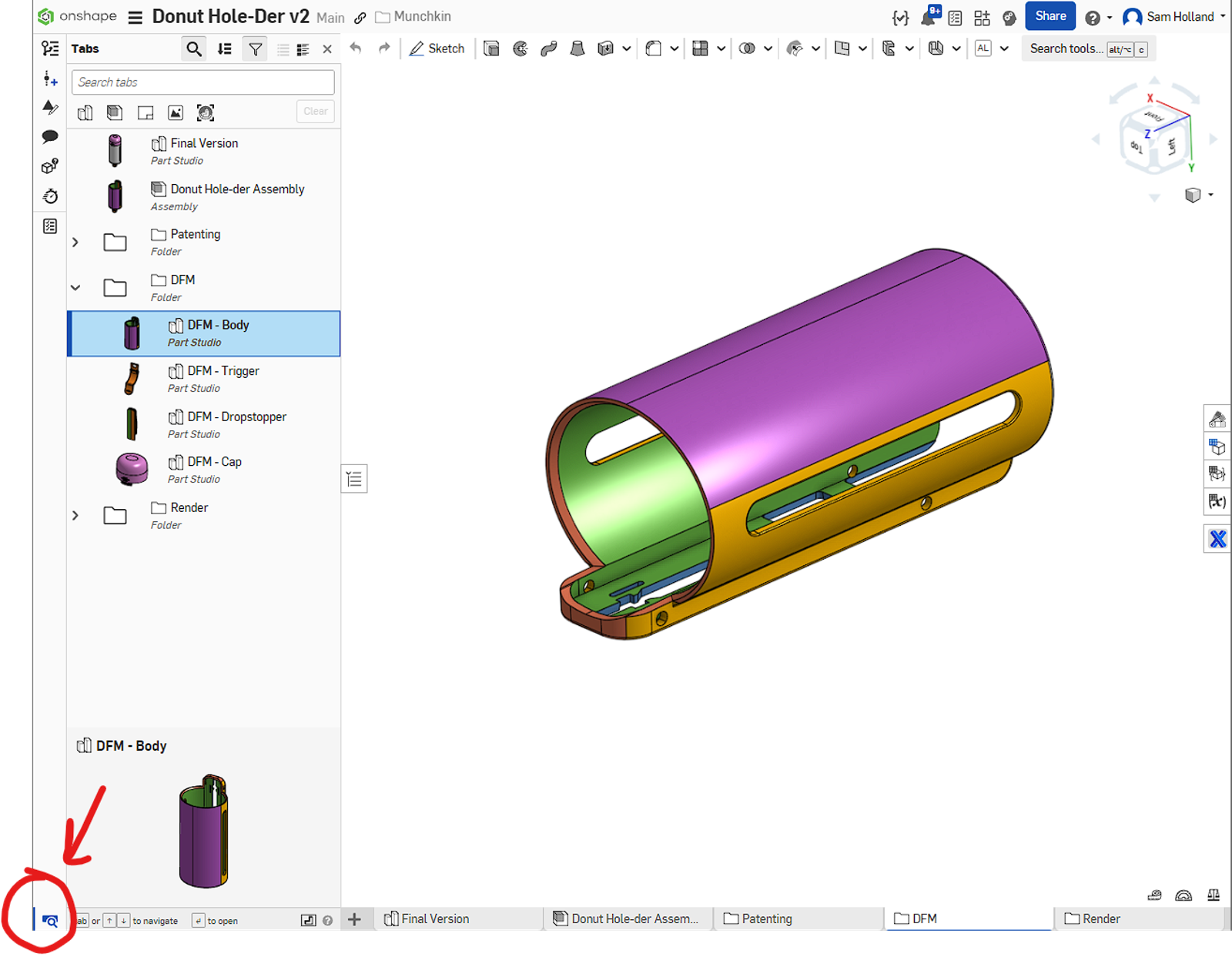 Sam Holland's CAD model of a Donut Hole-der in Onshape.