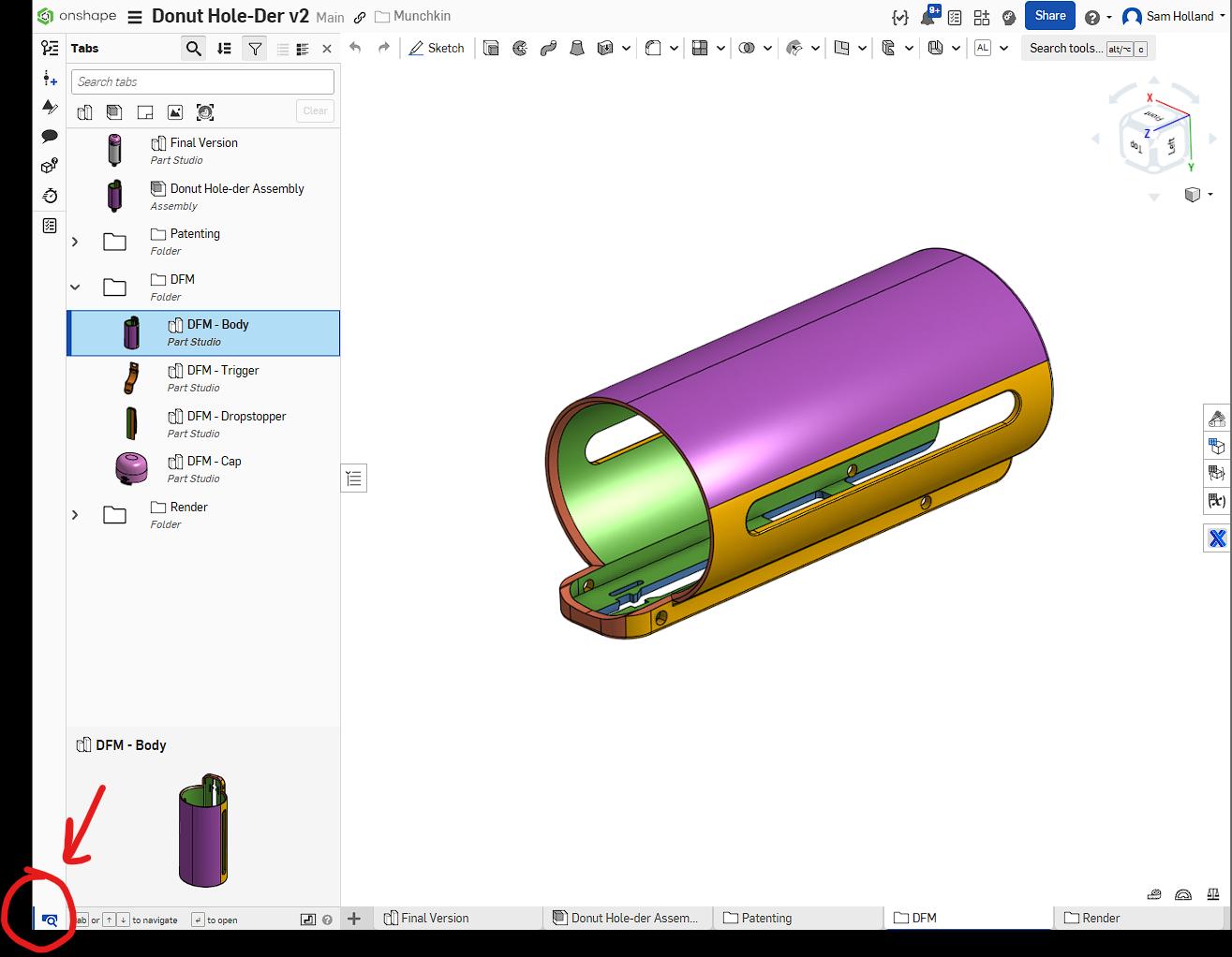 Sam Holland's CAD model of a Donut Hole-der in Onshape.