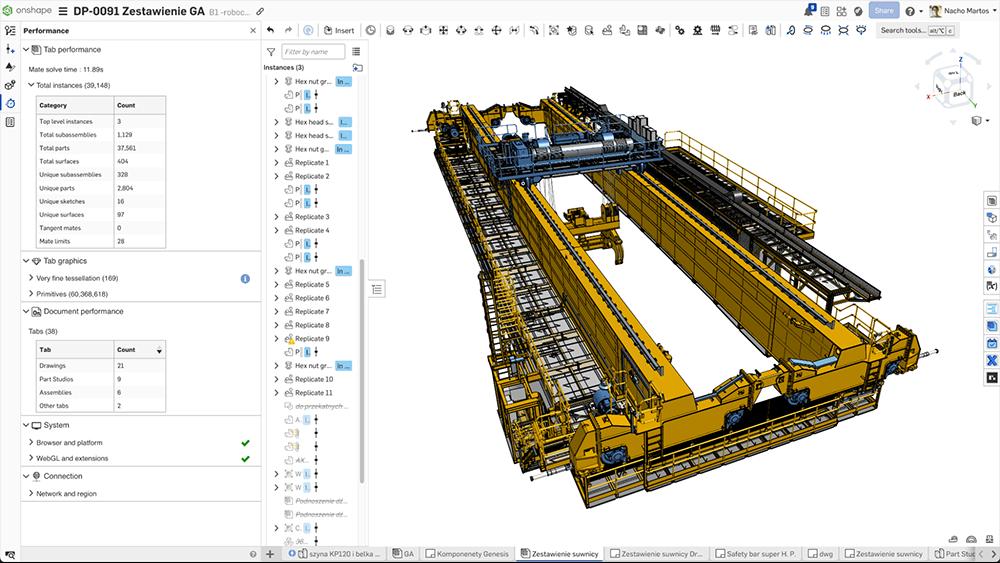 Crane assembly of industrial crane design in Onshape.