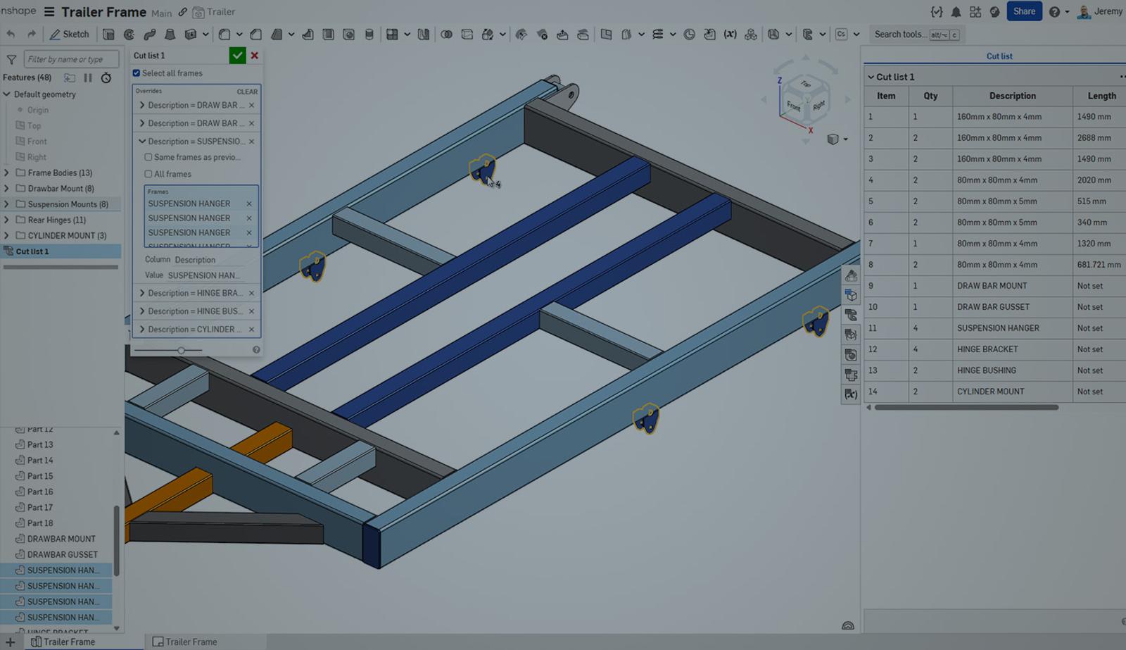 Onshape GUI with an overlay showing a 3D model of a trailer frame and its Cut list.