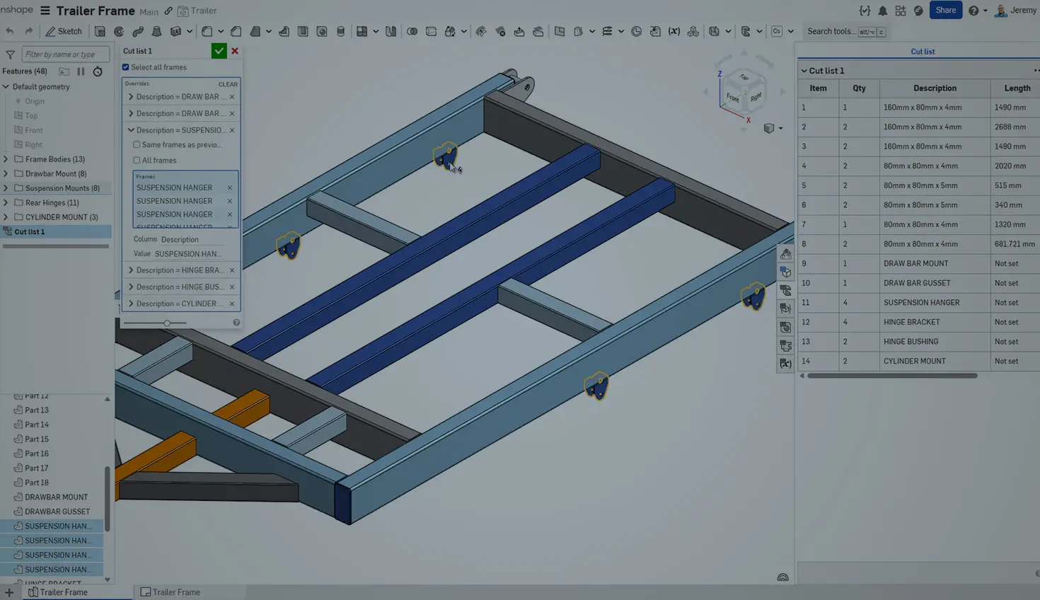 Onshape GUI with an overlay showing a 3D model of a trailer frame and its Cut list.