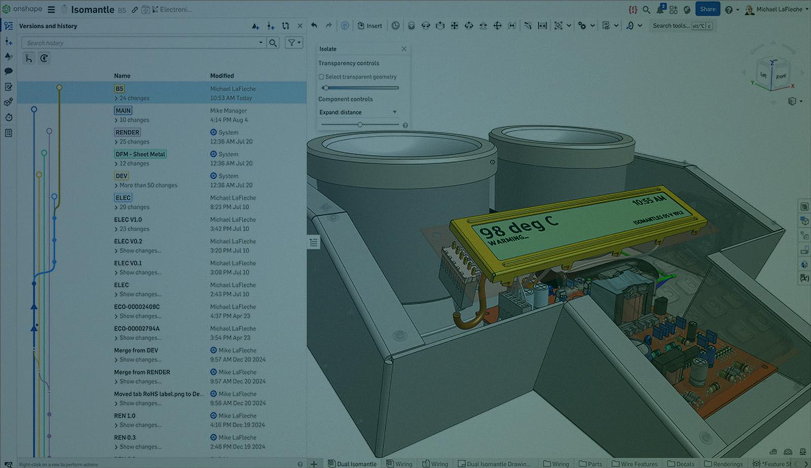 Onshape GUI with an overlay showing the Versions and history panel for a 3D-modeled Isomantle.