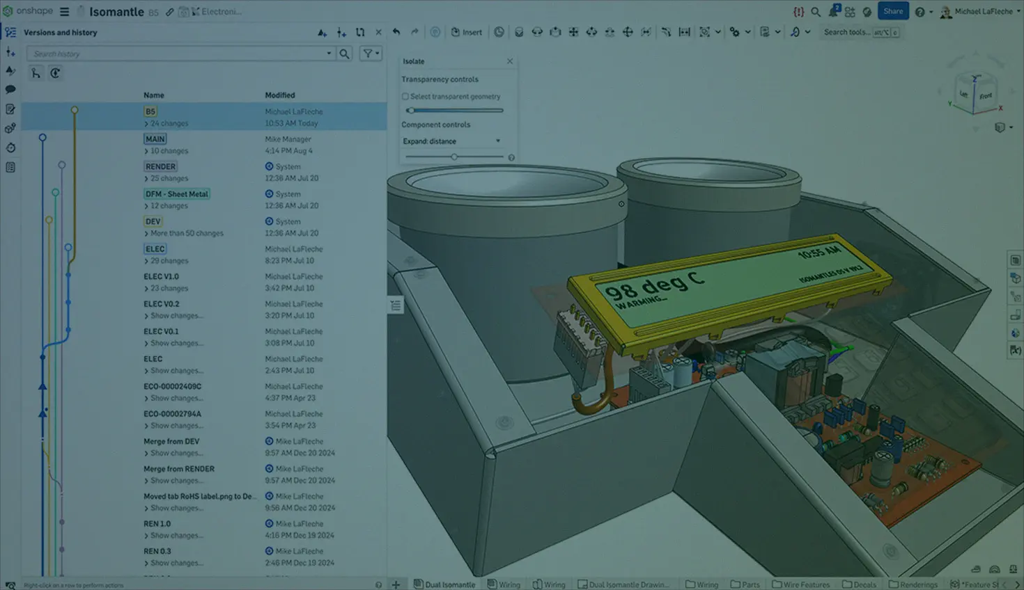 Onshape GUI with an overlay showing the Versions and history panel for a 3D-modeled Isomantle.