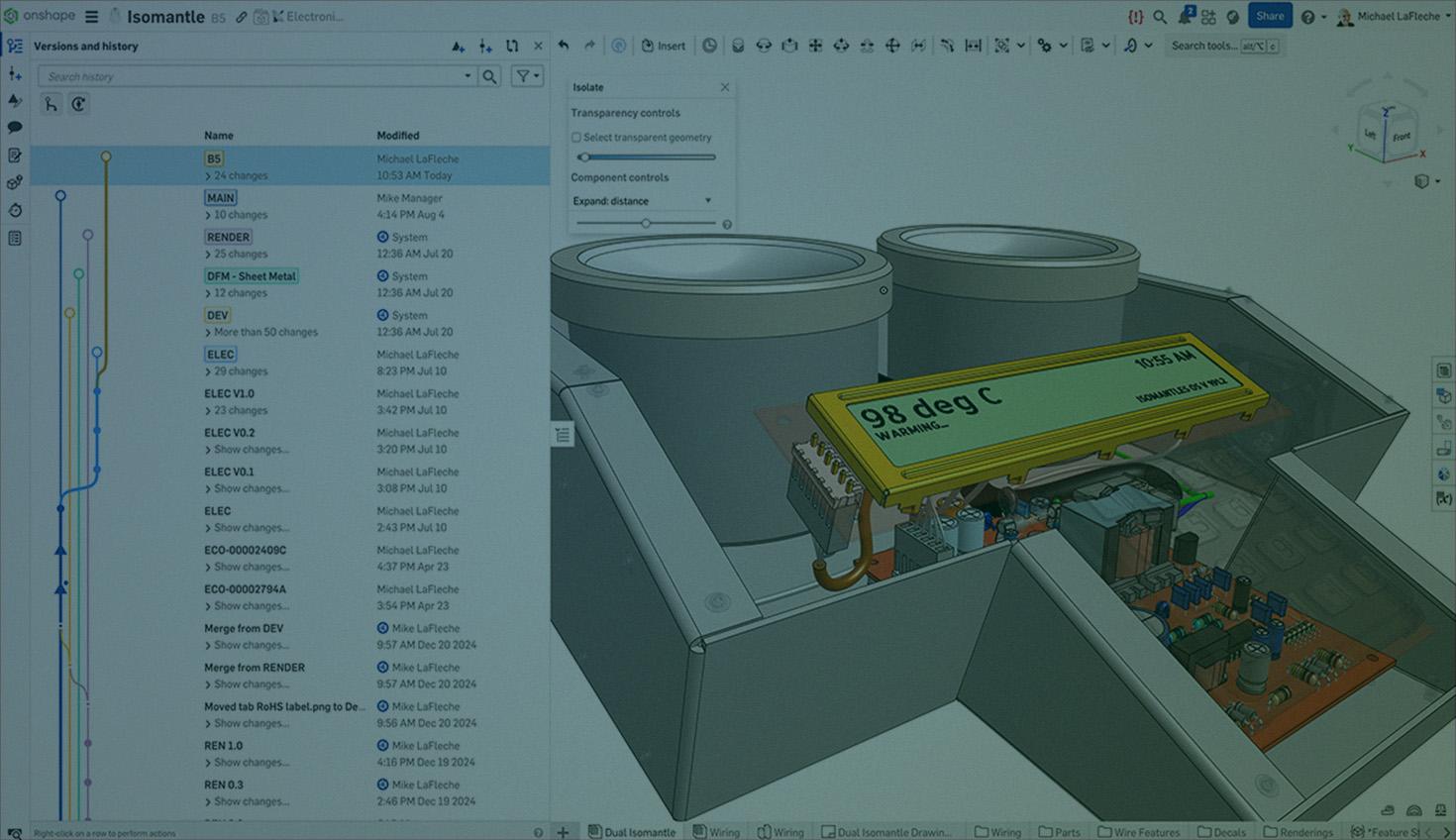 Onshape GUI with an overlay showing the Versions and history panel for a 3D-modeled Isomantle.