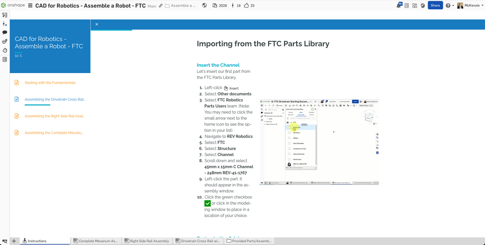 Onshape GUI showing a tab for instructions on importing from the FTC Parts Library