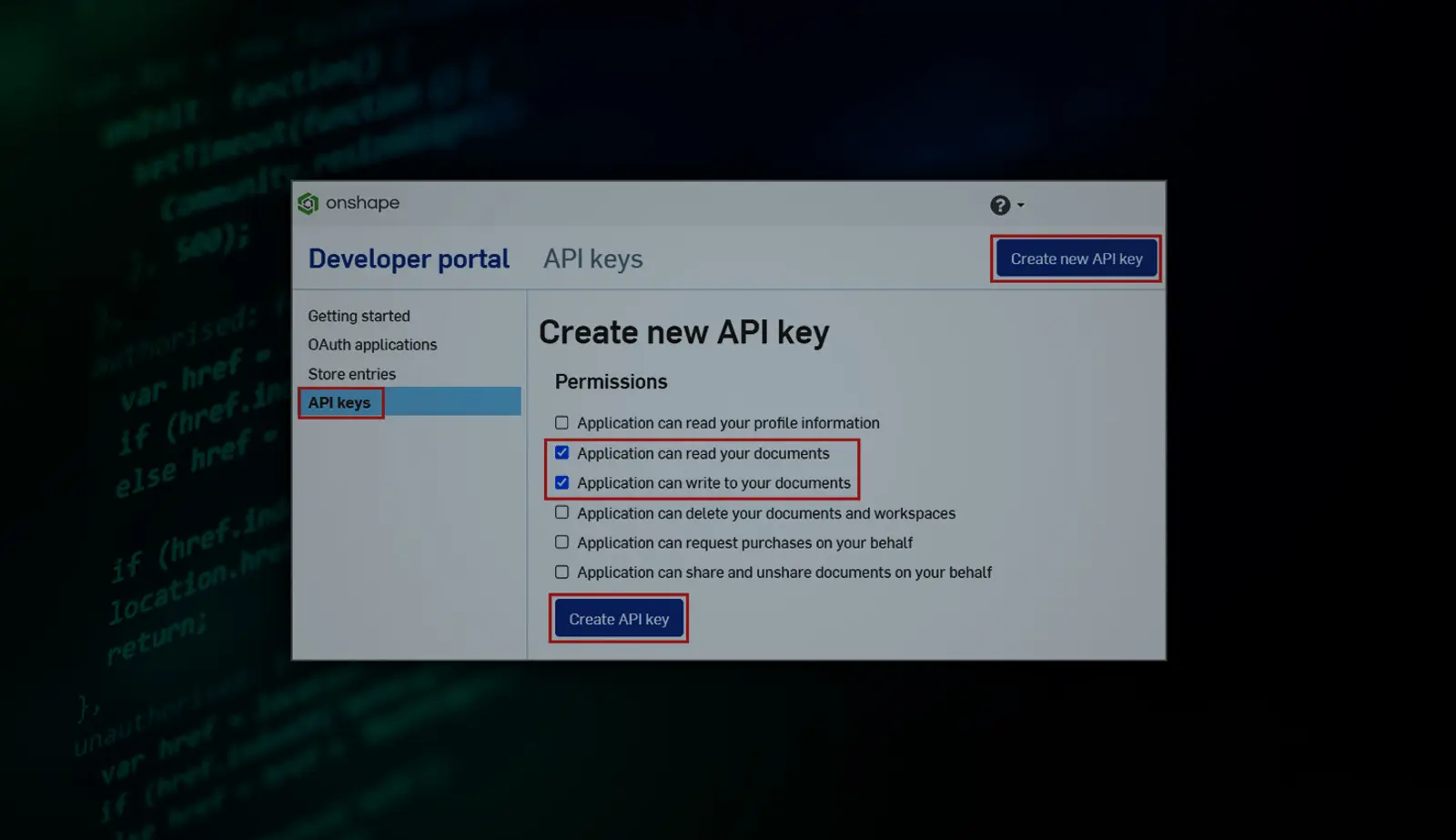Illustration with an overlay showing Onshape GUI of the Developer portal over a stock image of Python. 