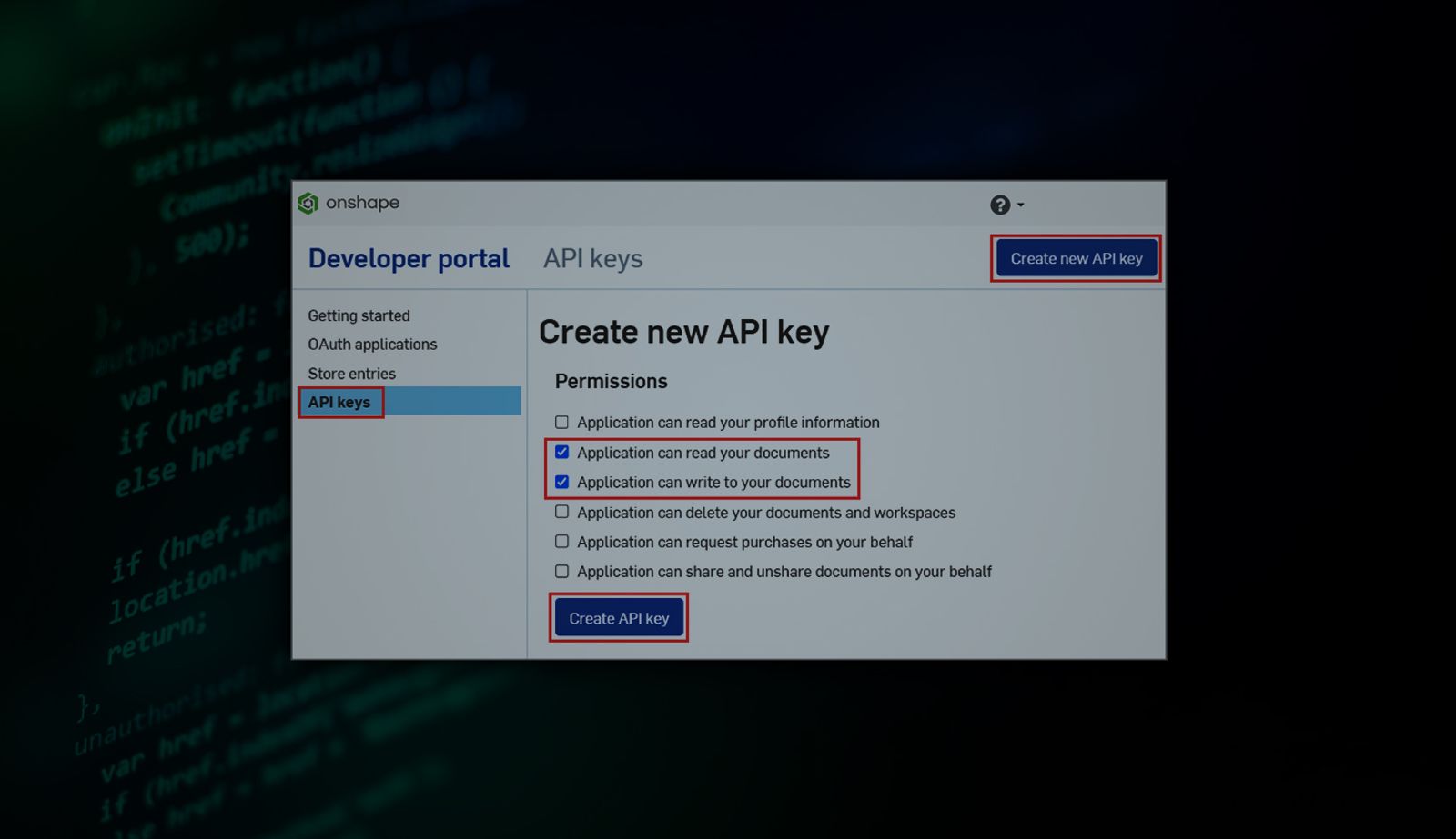 Illustration with an overlay showing Onshape GUI of the Developer portal over a stock image of Python. 