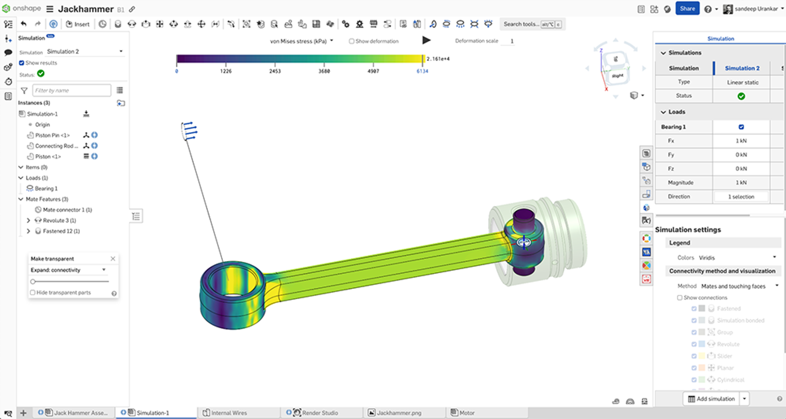 linear static analysis can be used to calculate stress and displacement of connecting rods