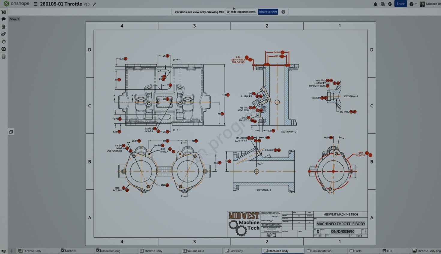 Onshape GUI with an overlay showing Drawing with MBD annotations.