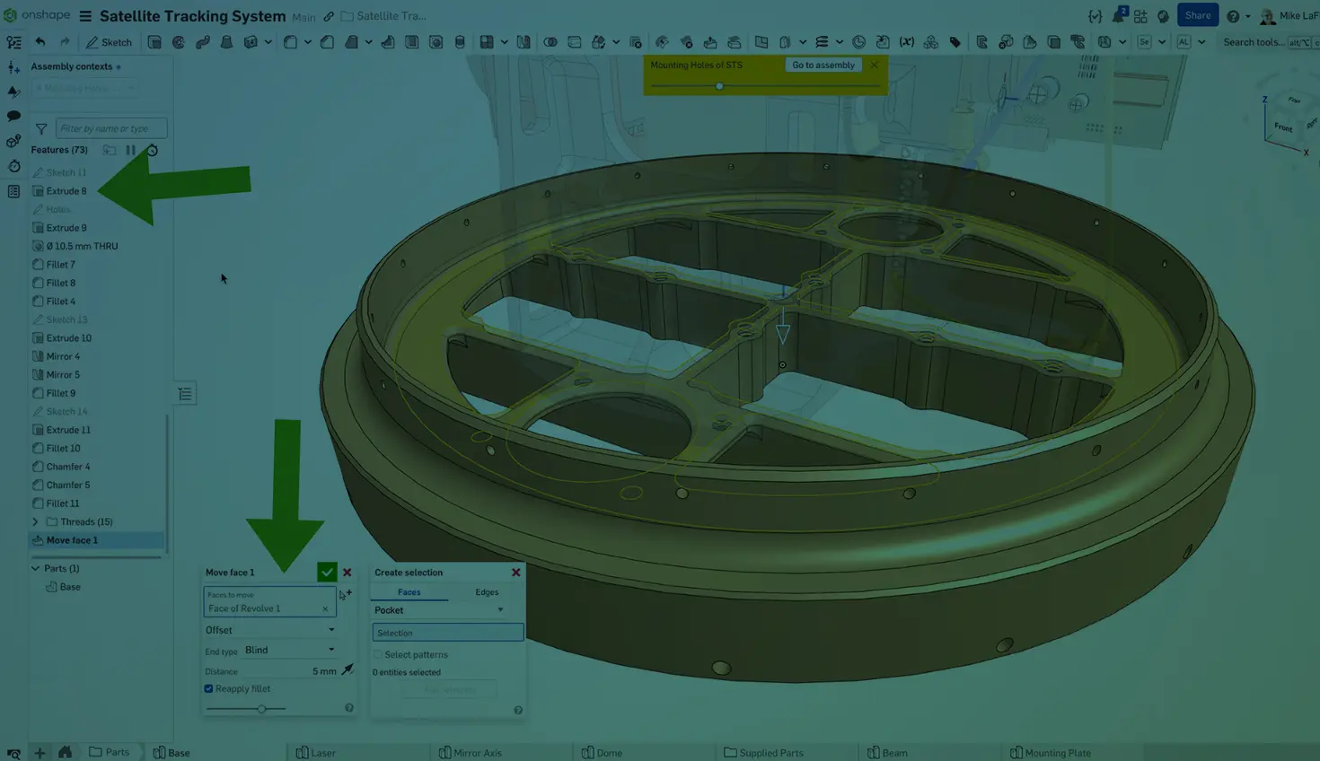 Hero image with an overlay showing a 3D-modeled Satellite Tracking System in Onshape.