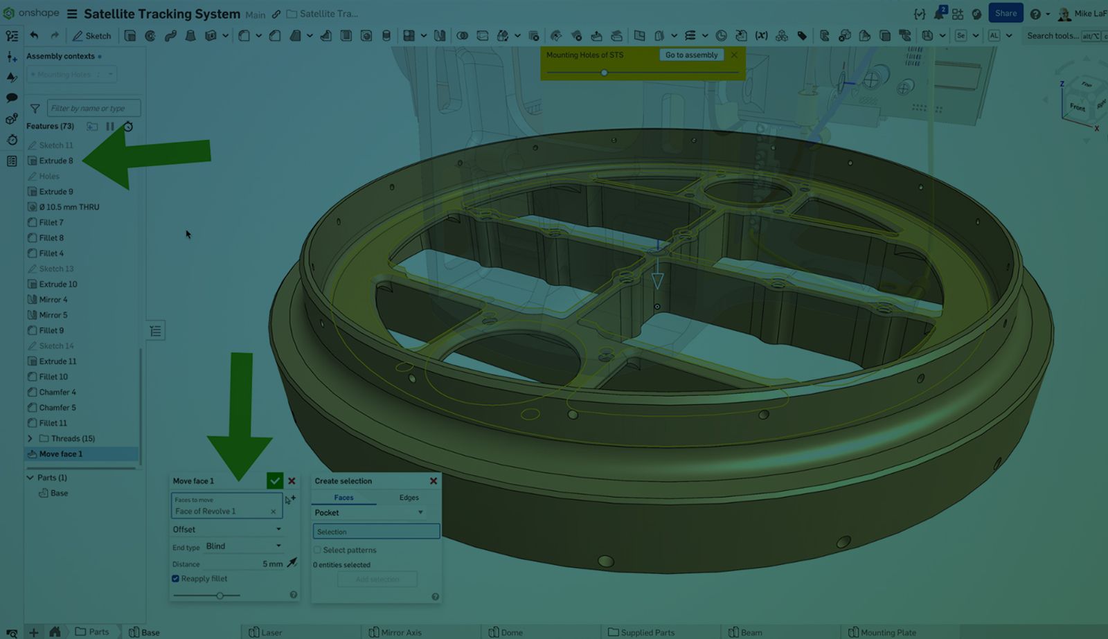 Hero image with an overlay showing a 3D-modeled Satellite Tracking System in Onshape.