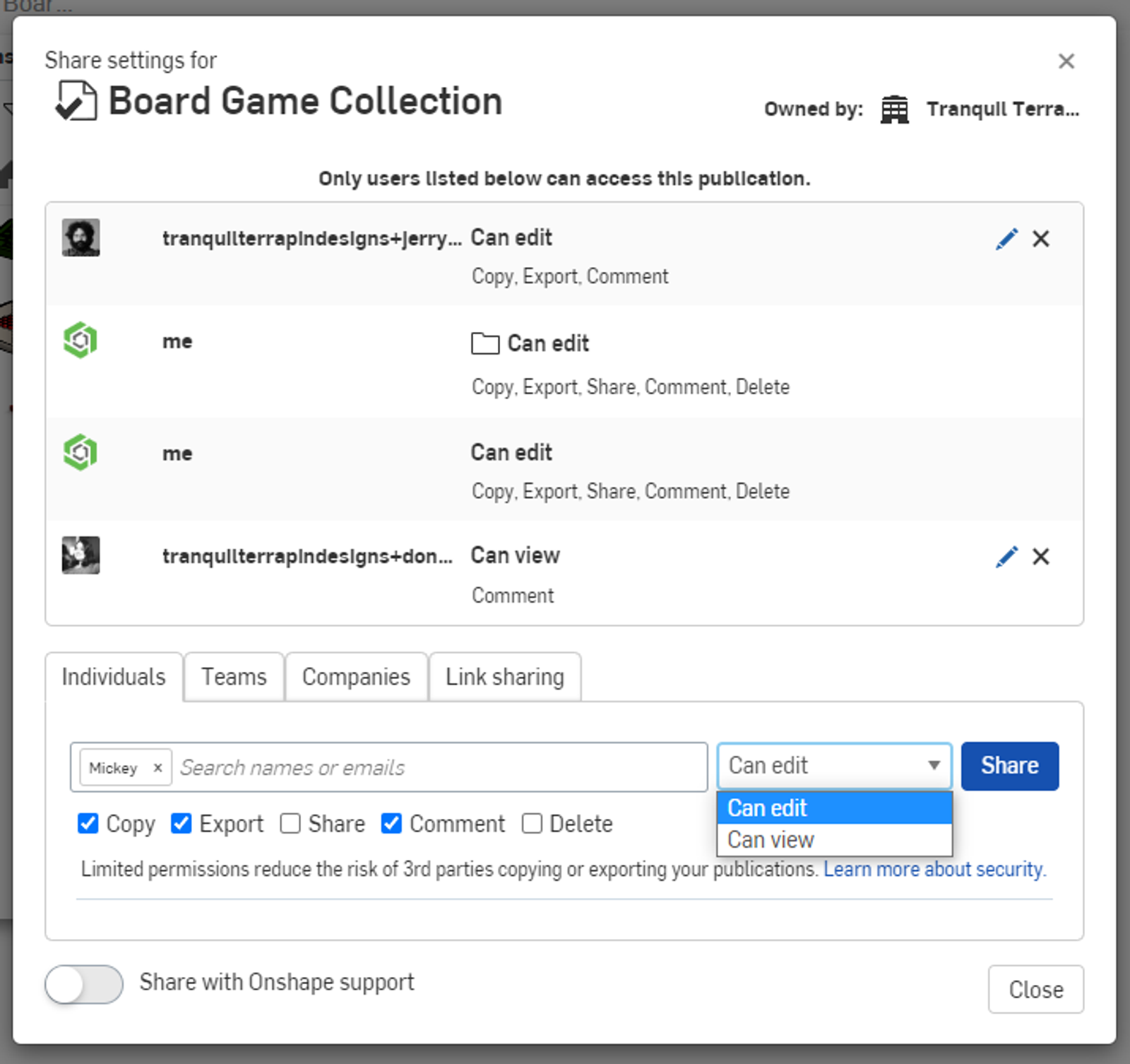 image of sharing settings in onshape