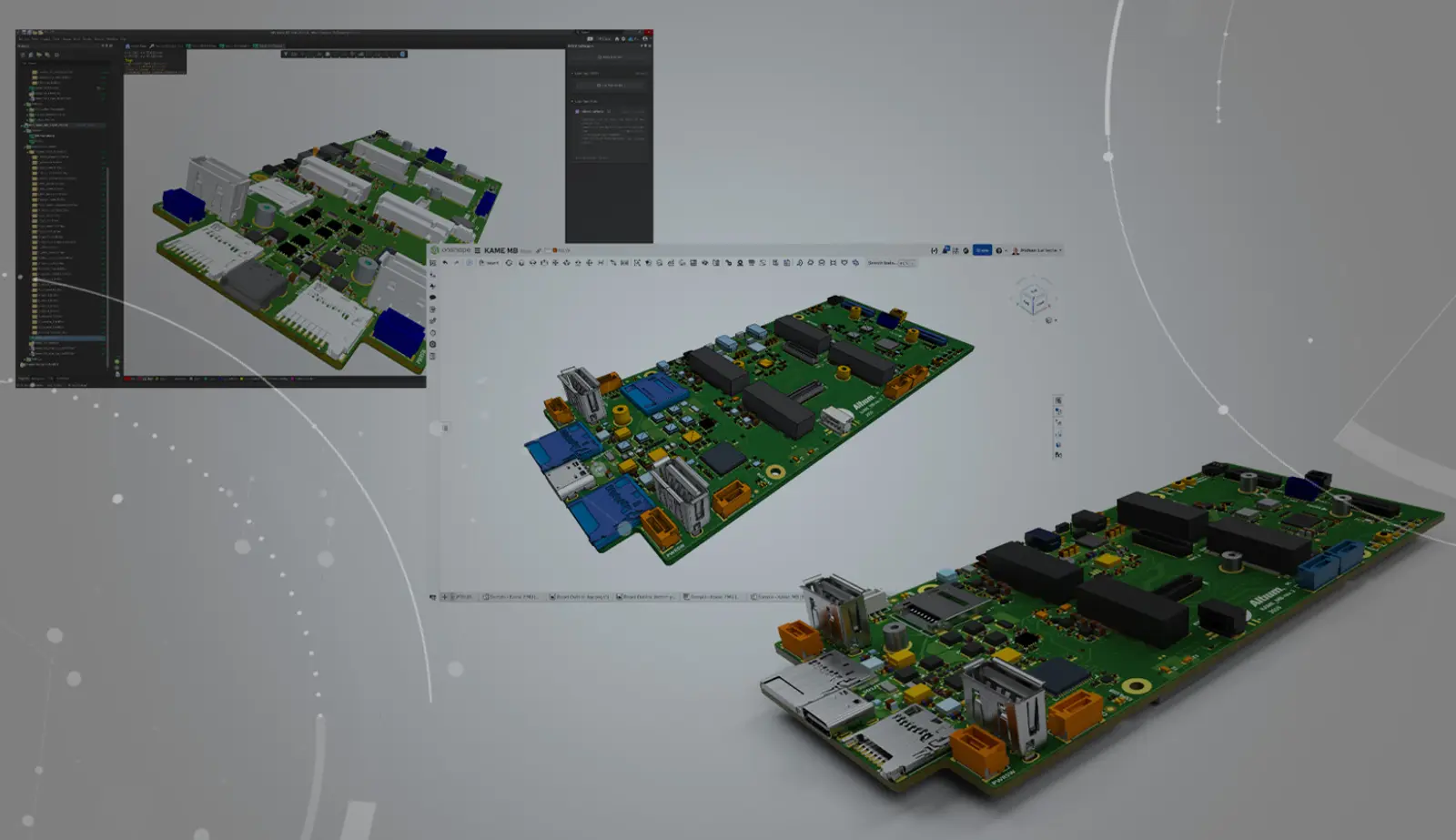 Image showing Altium and Onshape GUI with a PCB model.