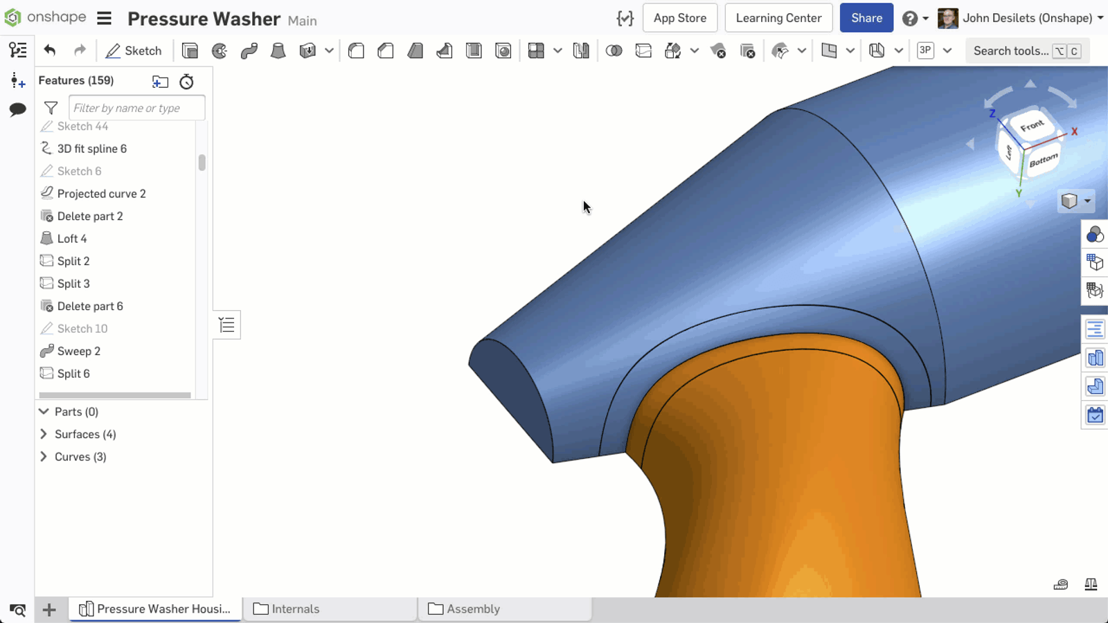 Onshape GUI showing 3D-modeled pressure washer and the Loft tool.