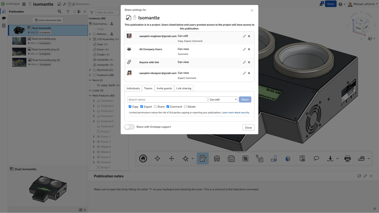 Onshape GUI showing Share settings for an Isomantle 3D CAD model.