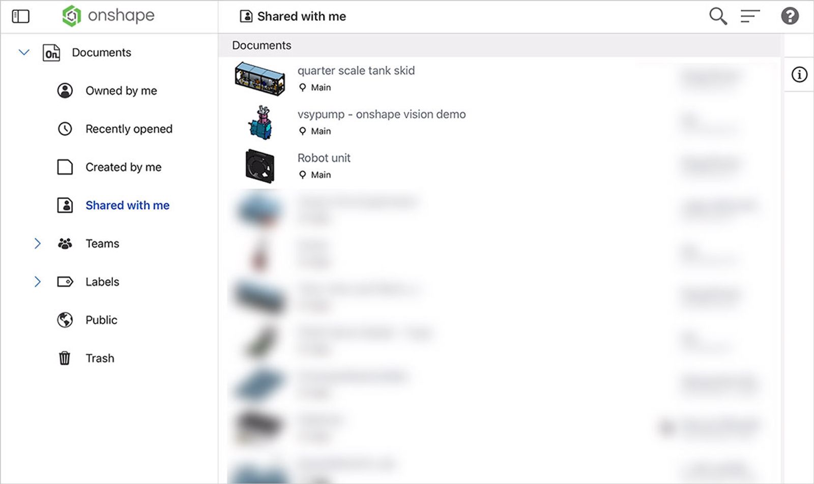 document list in Onshape