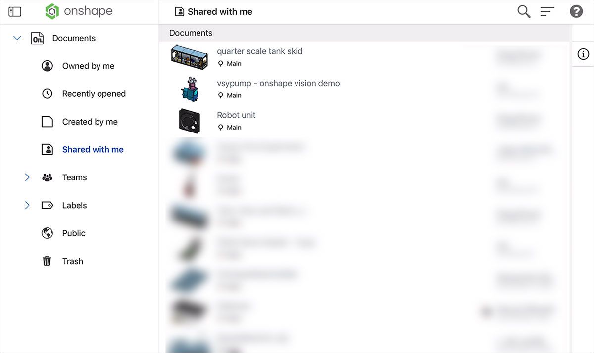 document list in Onshape