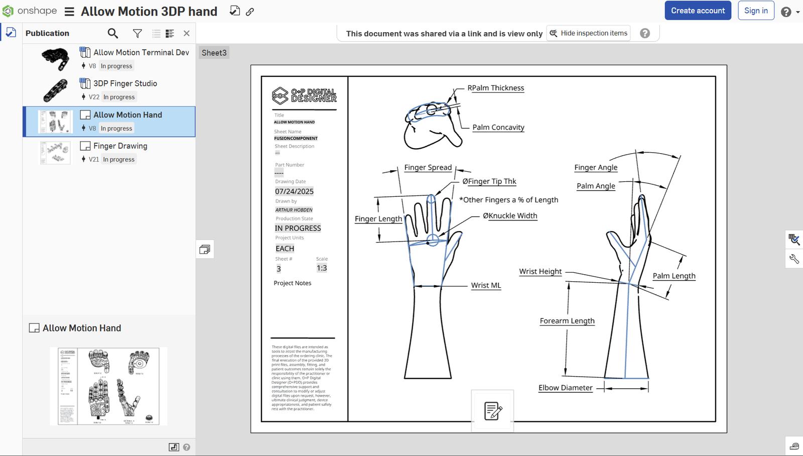 Onshape GUI of a CAD drawing as a publication.