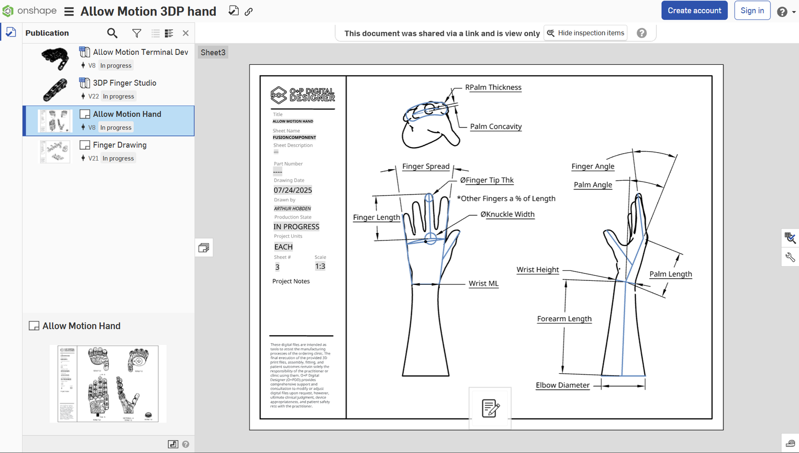 Onshape GUI of a CAD drawing as a publication.