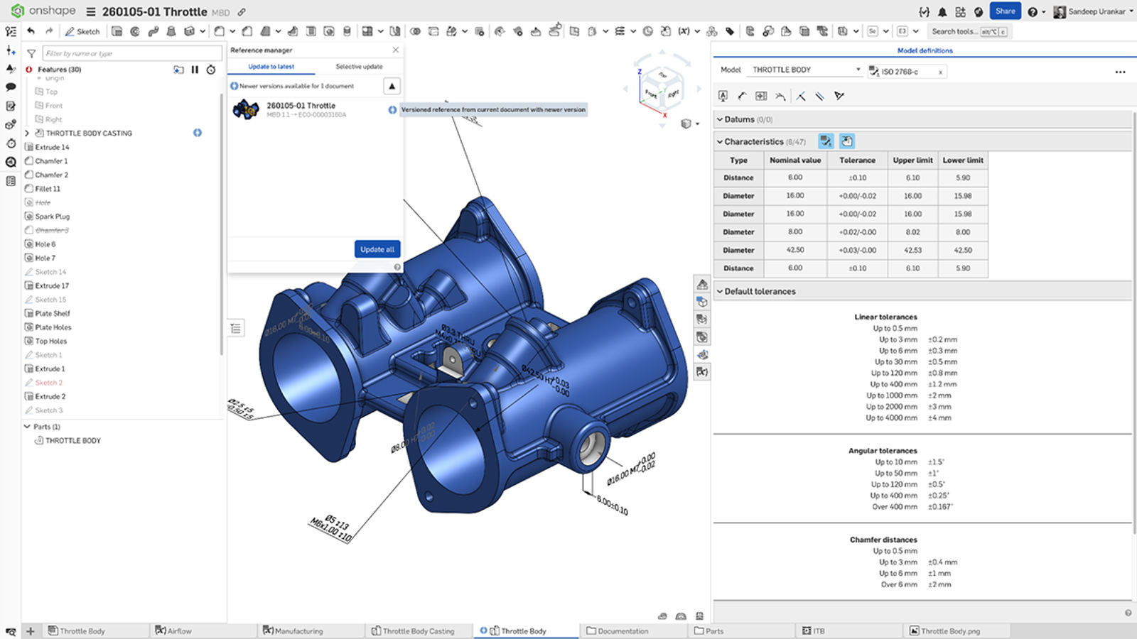 Onshape GUI showing 3D-designed Throttle with Model definitions.