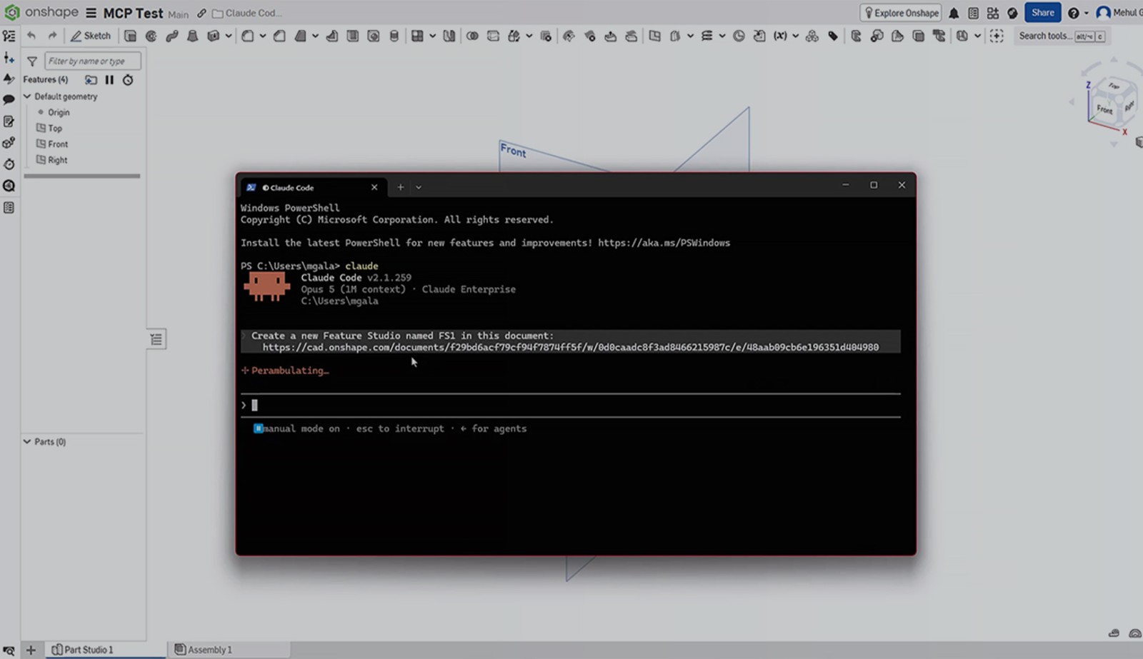 Onshape GUI with an overlay and Claude Code setup.