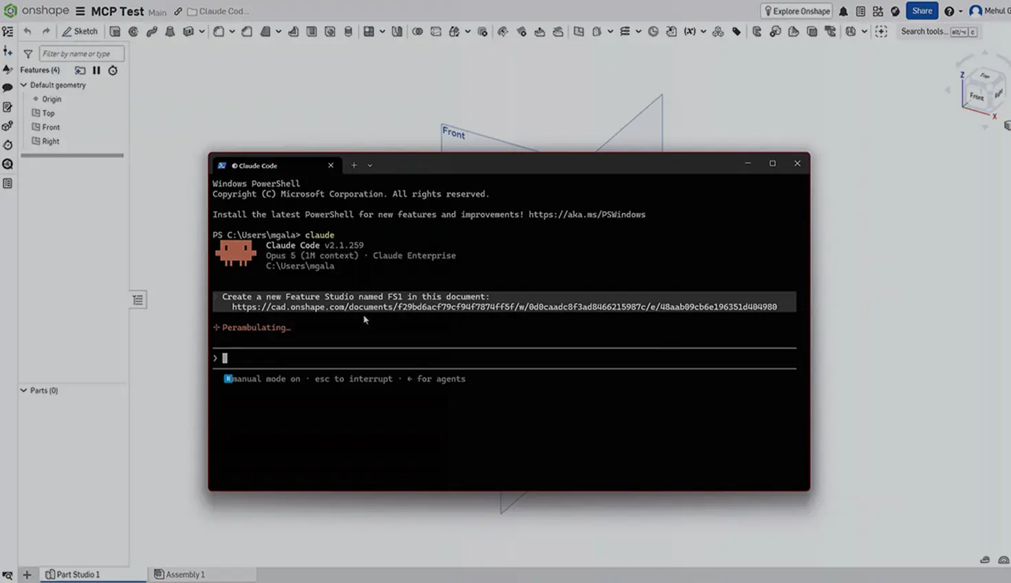 Onshape GUI with an overlay and Claude Code setup.