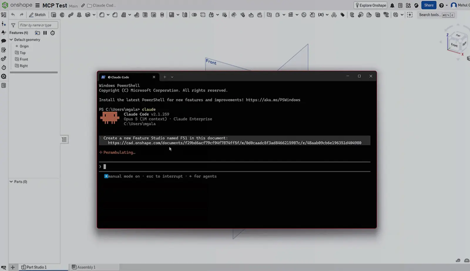 Onshape GUI with an overlay and Claude Code setup.