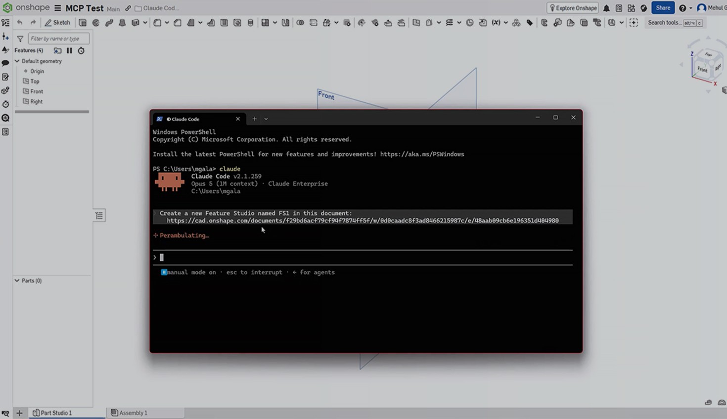 Onshape GUI with an overlay and Claude Code setup.