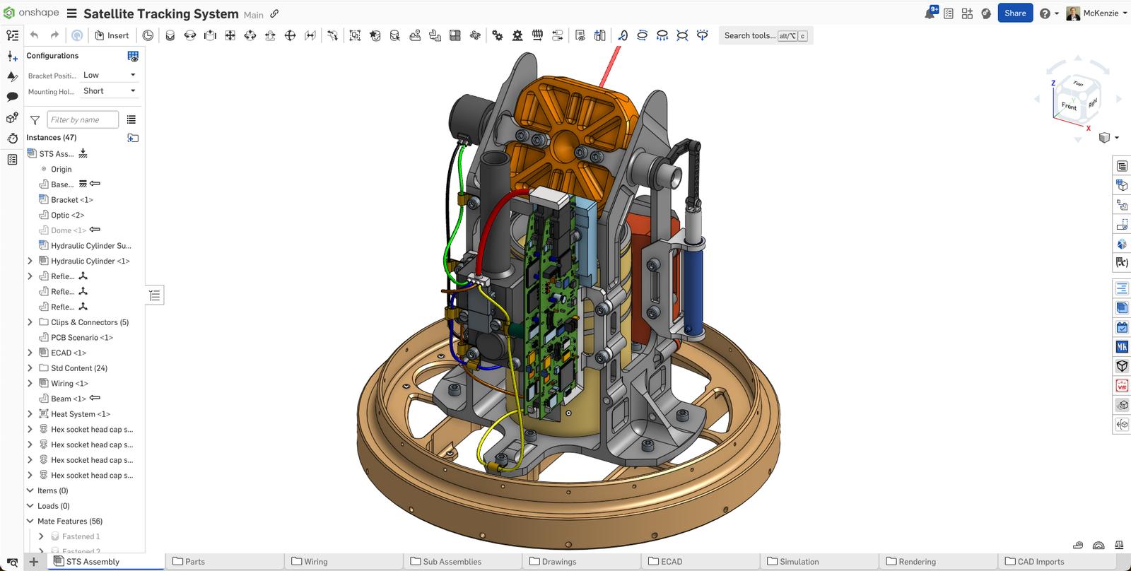 Screenshot showing a 3D model of a Satellite Tracking System built in Onshape.