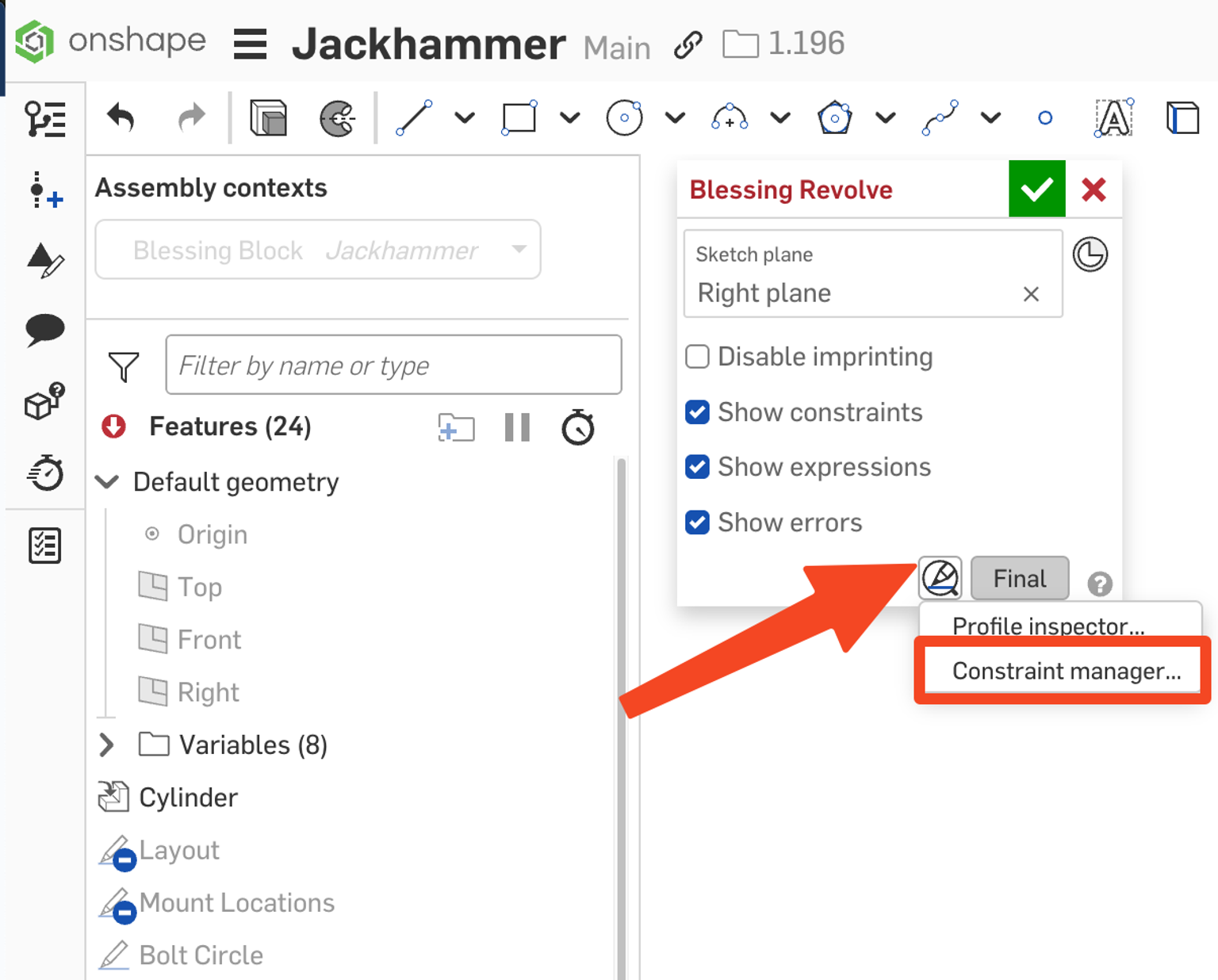 Using Onshape’s Sketch Constraint Manager
