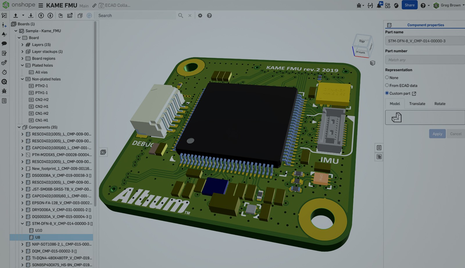 Onshape GUI with an overlay showing a PCB design in Onshape.