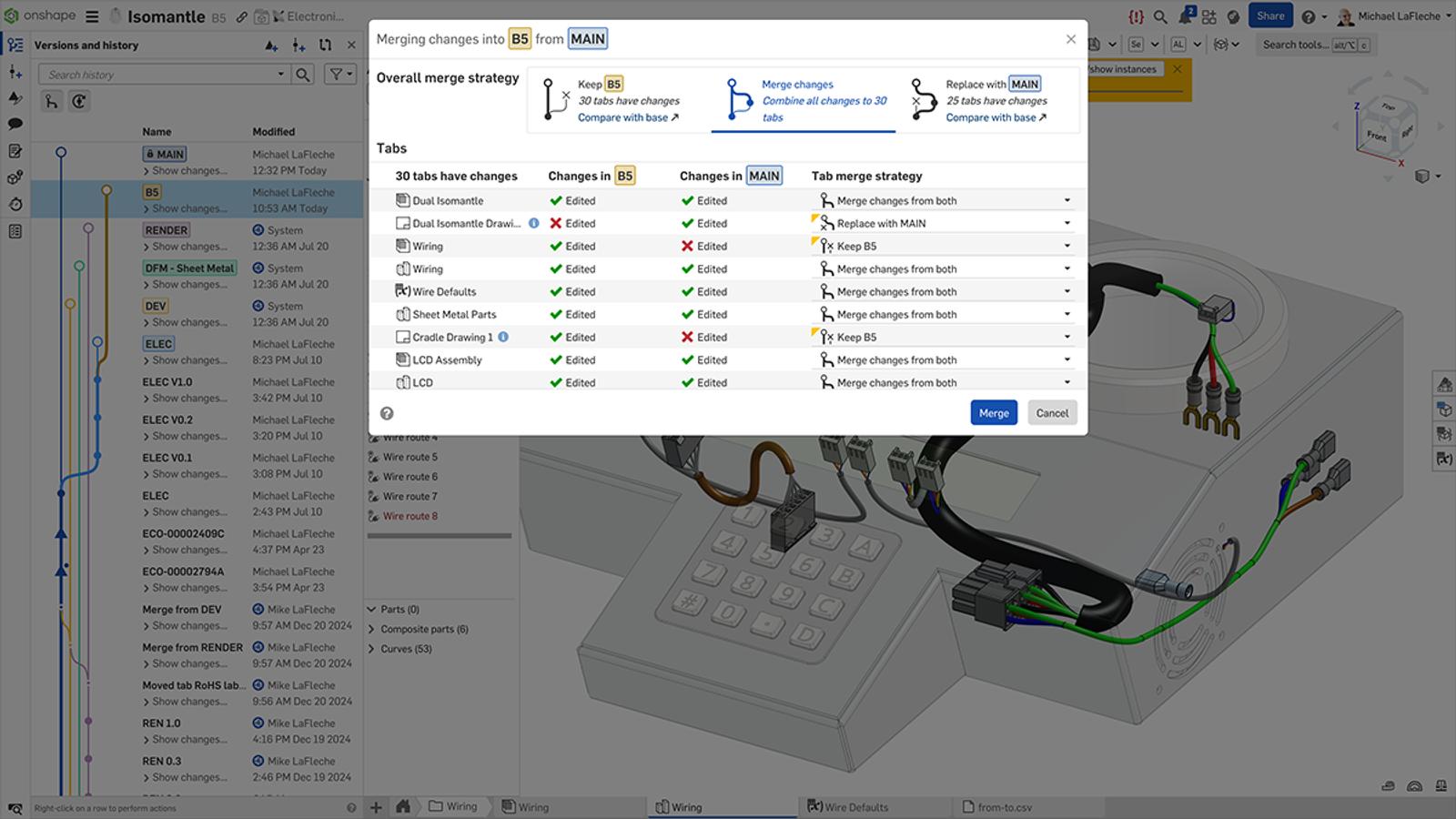 Onshape GUI showing the merge strategy for different branches of a CAD design.