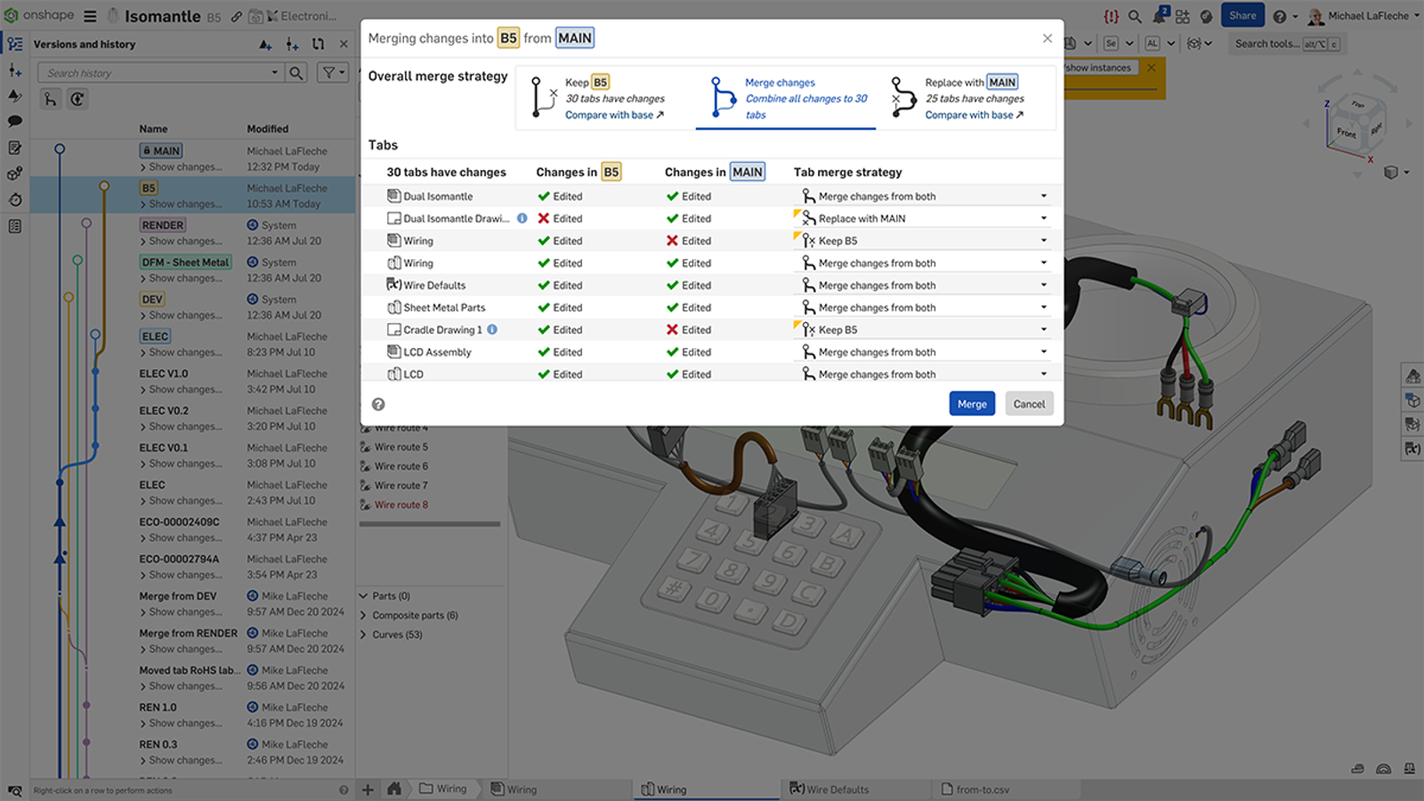 Onshape GUI showing the merge strategy for different branches of a CAD design.