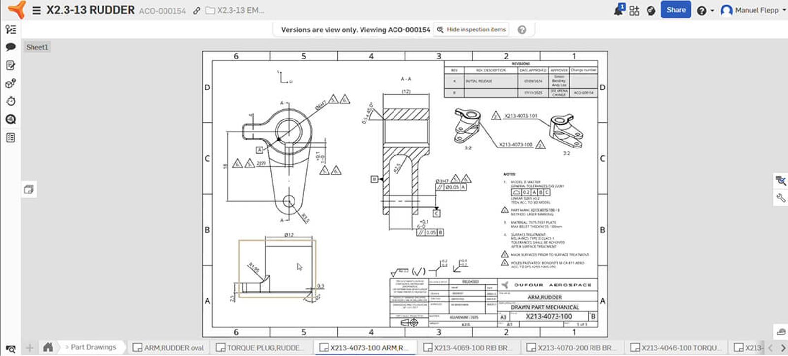 A part drawing of a rudder designed by Dufour Aerospace in Onshape.