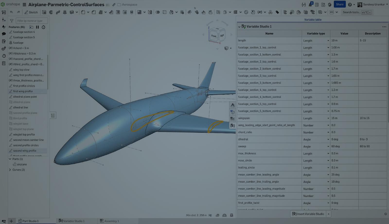 Onshape GUI with an overlay showing a 3D modeled airplane with parametrically controlled surfaces.