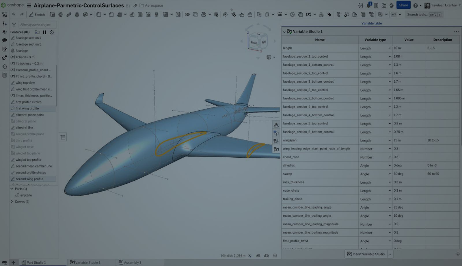 Onshape GUI with an overlay showing a 3D modeled airplane with parametrically controlled surfaces.