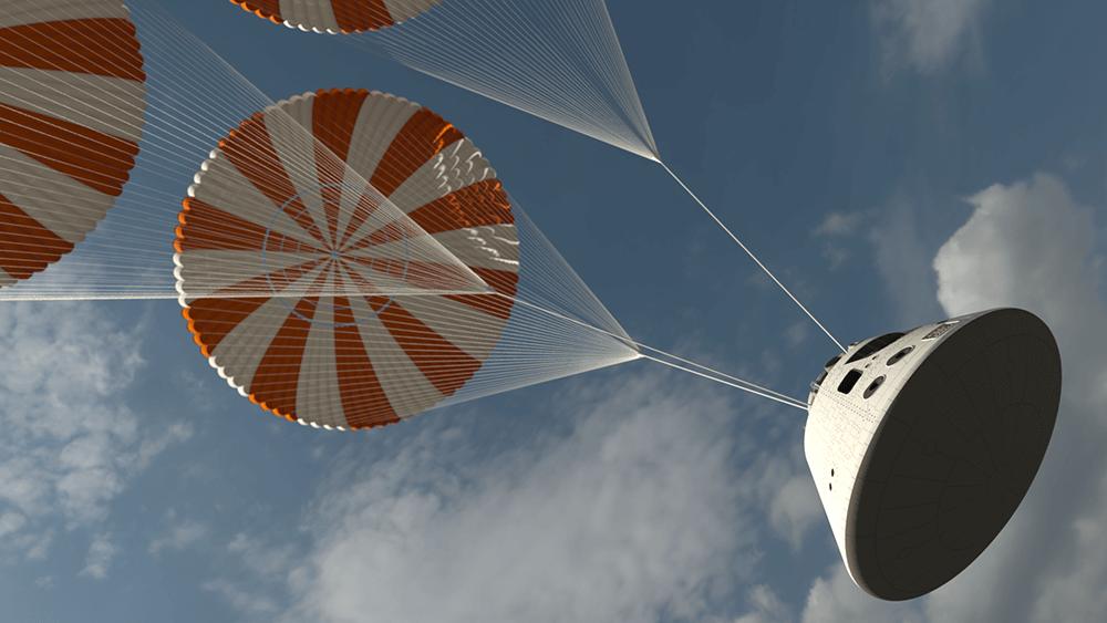rendering of space shuttle with parachutes in sky
