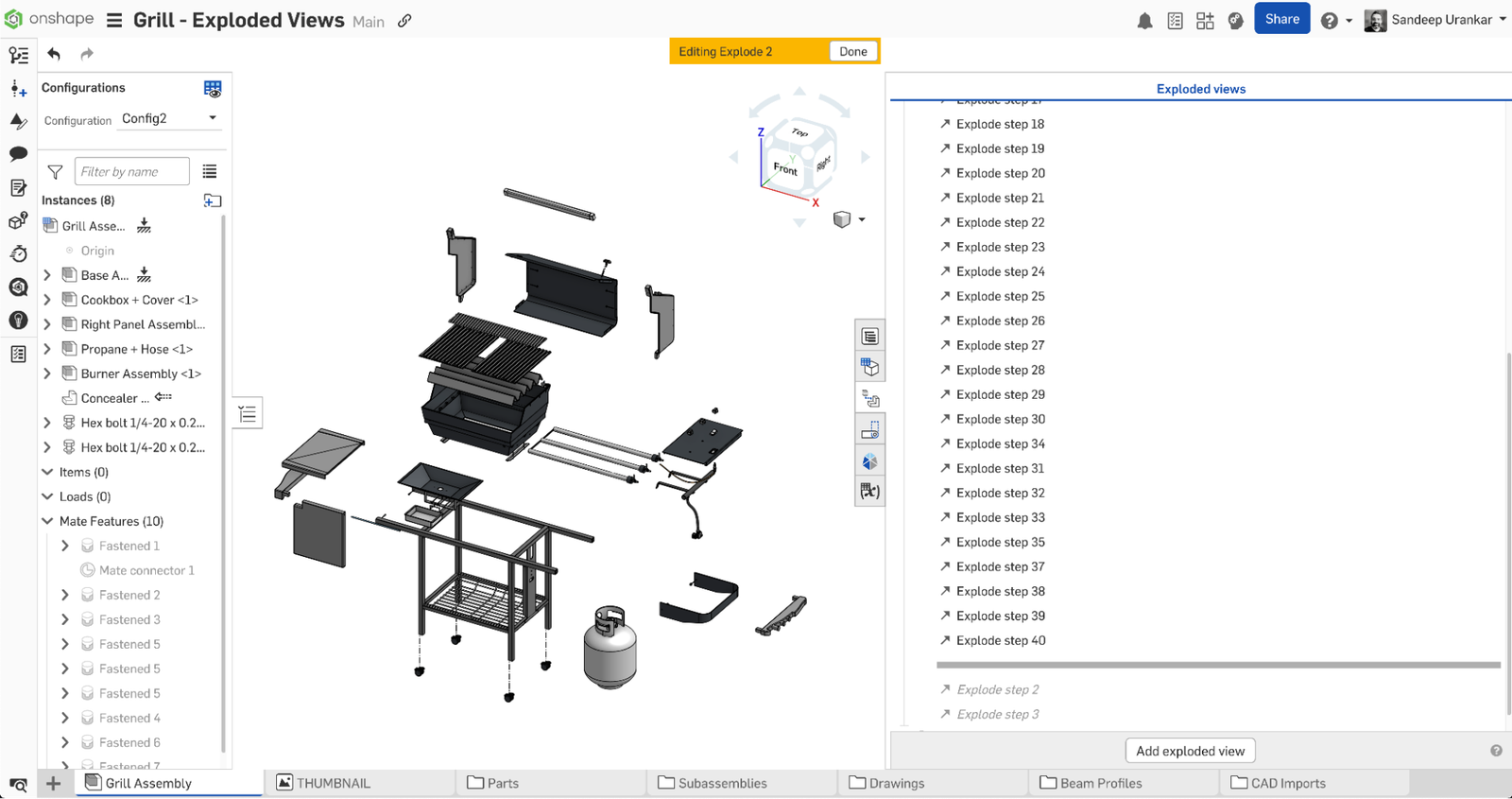 Onshape GUI showing an exploded view of a 3D-modeled grill and the Exploded views panel.