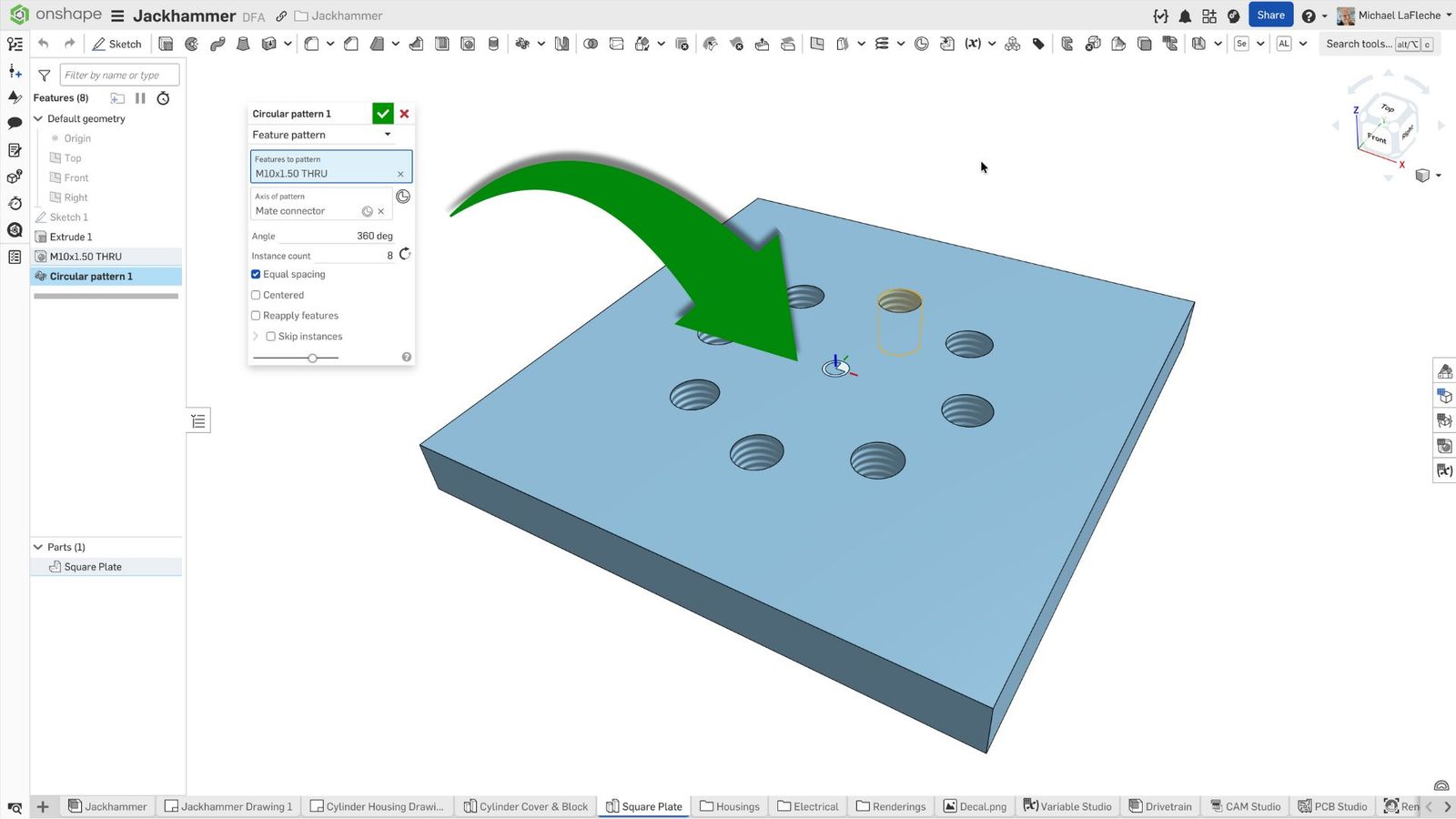 Onshape GUI showing a jackhammer CAD model and the Circular patter feature.