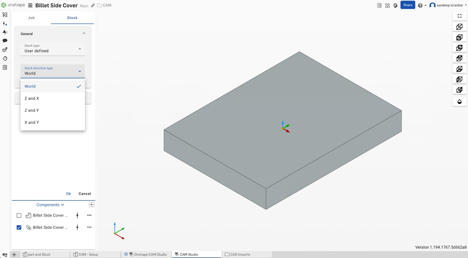 Stock direction type in CAM Studio